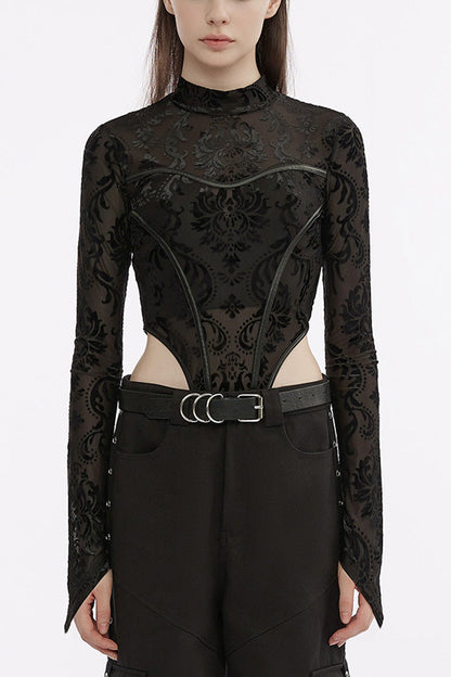 Punk Women's Long-Sleeve Round-Neck Faux Leather Panel Print Bodysuit