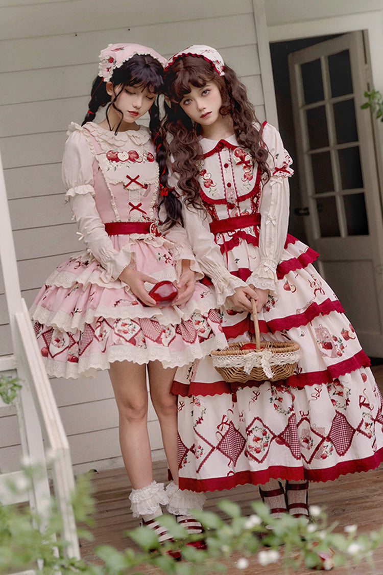 Red Beige Triple-Layer Apple Orchard Print Ruffle Embroidered Long Skirt