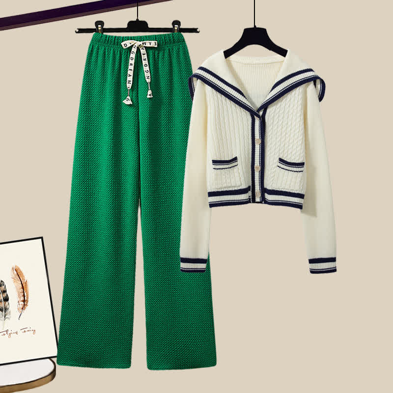 Collar Casual Set Sweater Two Cable Pants Pieces Sailor Pleated