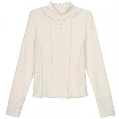 Apricot Crochet Patchwork Waist and Cuffs Slim-fit Long Sleeves Top