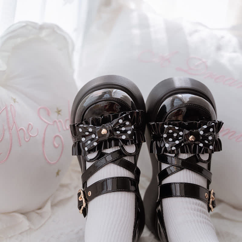 Chaussures Lolita à plateforme avec nœud à pois et ours de dessin animé