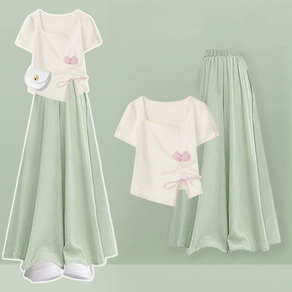 Pantskirt T-shirt Drawstring Two Wide Pieces Flower Leg Set