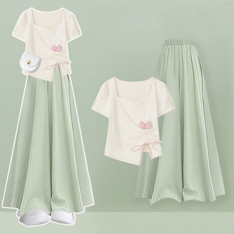 Pantskirt T-shirt Drawstring Two Wide Pieces Flower Leg Set
