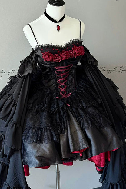 Blood Feast Halloween Off-Shoulder JSK Dress with Ruffles - Noir
