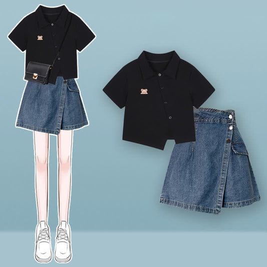 Bear Black Crop Top Polo T-Shirt Denim Shorts