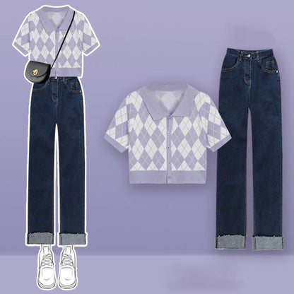 Rhombus Crop Top Set Pattern T-Shirt Pants Denim