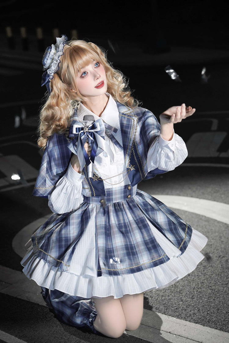 Lapel Long Sleeve Double Printed Ruffled Bow Japanese Lolita Skirt Set