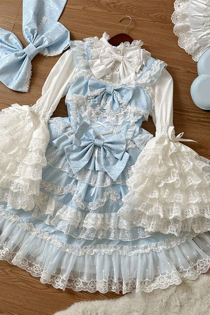 Azure Sleeveless Multilayer Ruffled Pearl Bow Lace Sweet Lolita JSK