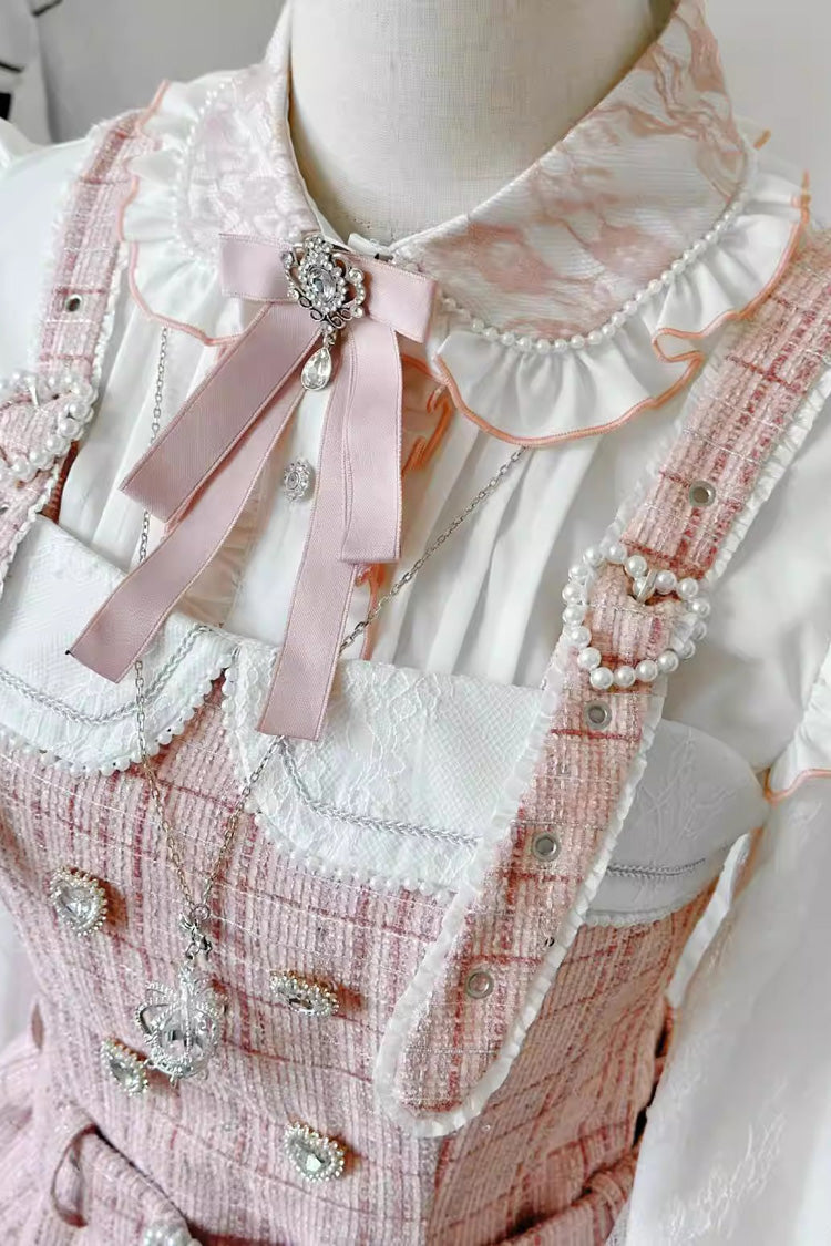 Lapel Collar Long Sleeves Jacquard Ruffled Bow Jirai Kei Japanese Blouse