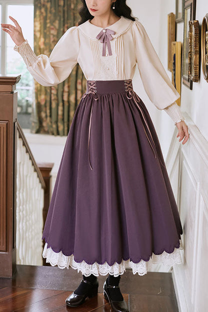 Classic Lolita Two-Piece Dress with High-Waist and Lace Wave Hem