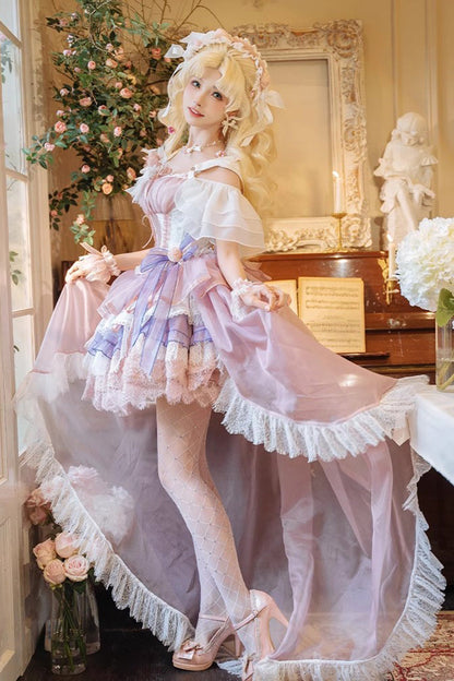 Pink Purple Rose Memoirs Sleeveless Multi-Layer Bow Lace Sweet Lolita Skirt Set