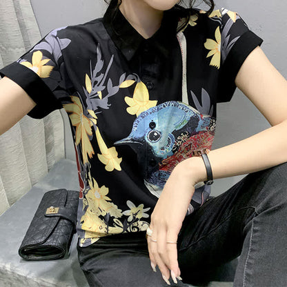 Floral Bird Print Chiffon T-Shirt Shorts Casual