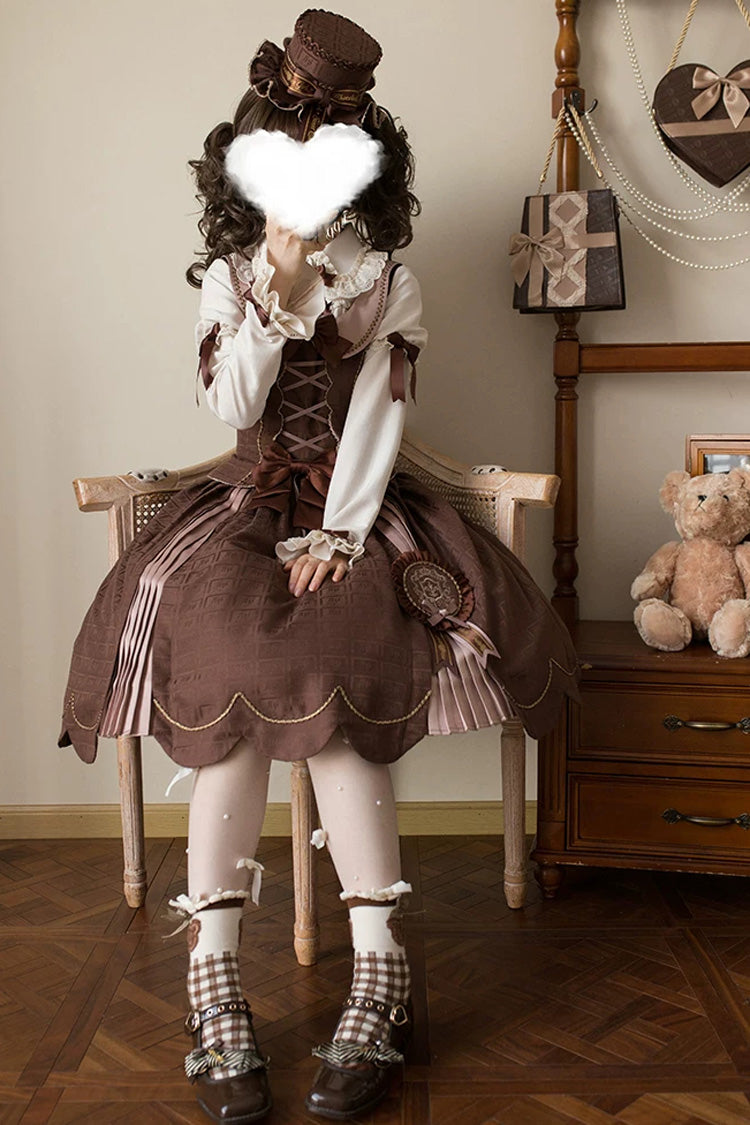 Brown Teddy Chocolate Bar Print Embroidered Bow Lace-Up Classic Lolita JSK Skirt