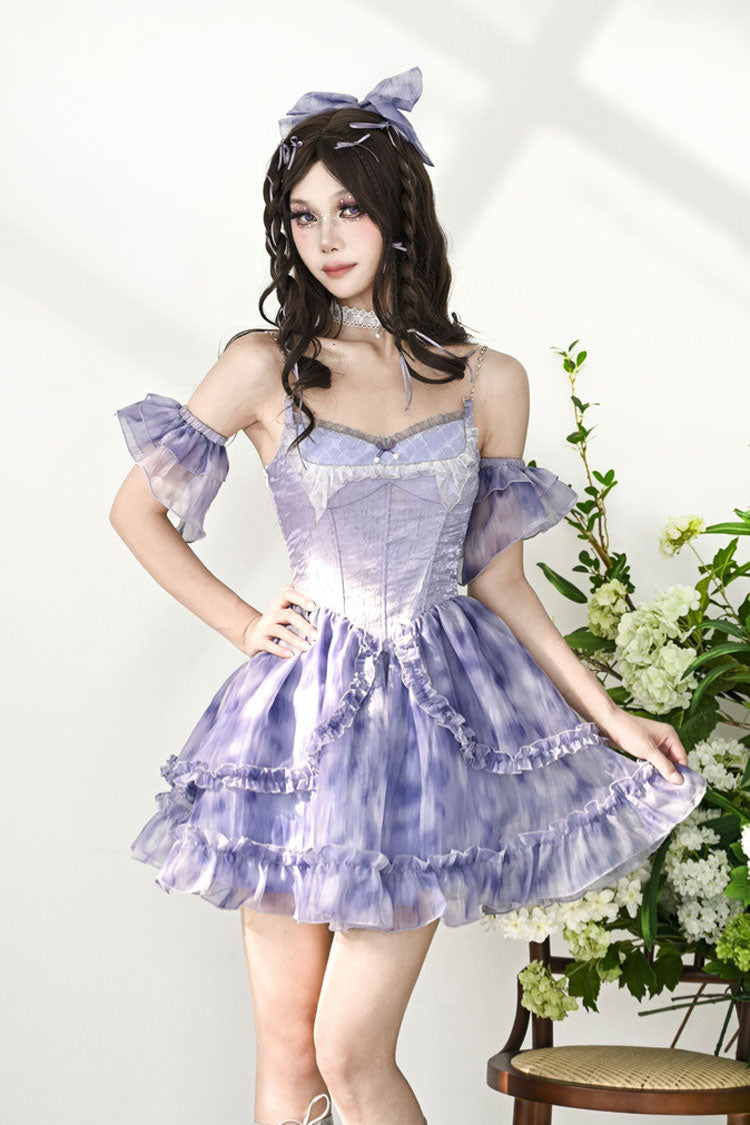 Blue Ruffle Lace Tie-Dye Print Fake Two Piece Sweet Princess JSK Dress