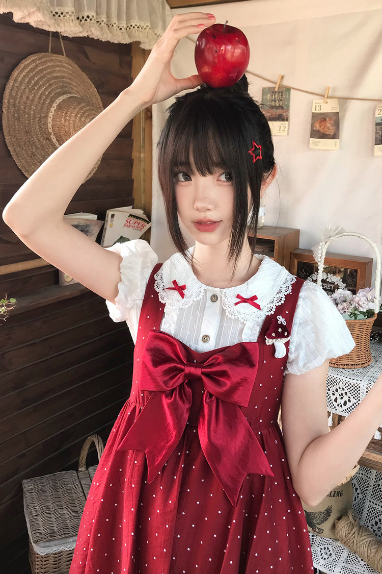 Red Little Mushroom Sleeveless Polka Dot Ruffle Bow Sweet Lolita JSK