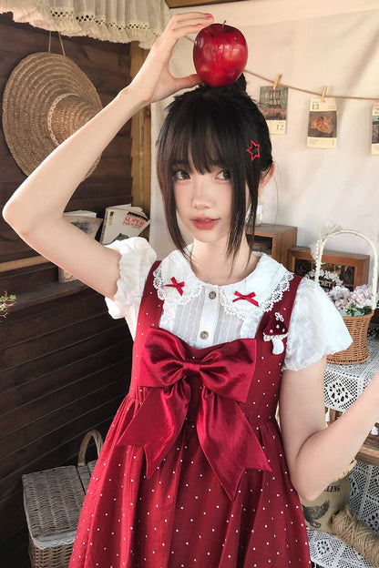Red Little Mushroom Sleeveless Polka Dot Ruffle Bow Sweet Lolita JSK