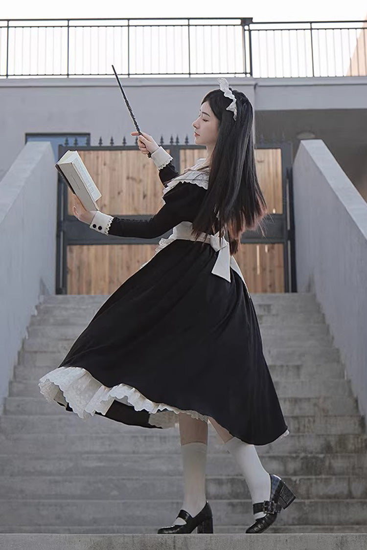 Ruffled Bow Sweet Elegant Maid Dress - Black/White