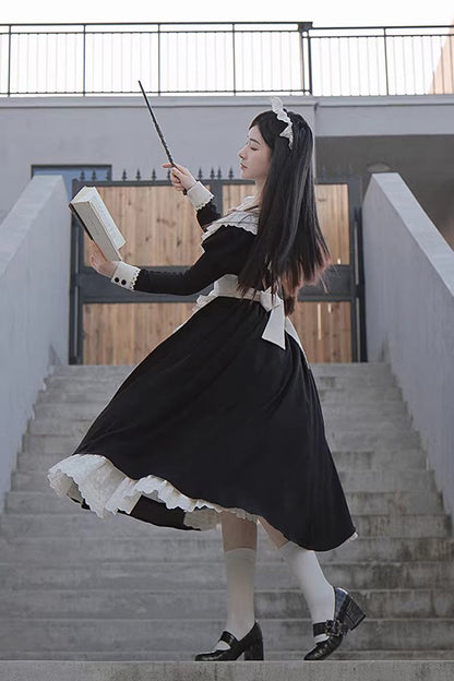 Ruffled Bow Sweet Elegant Maid Dress - Black/White