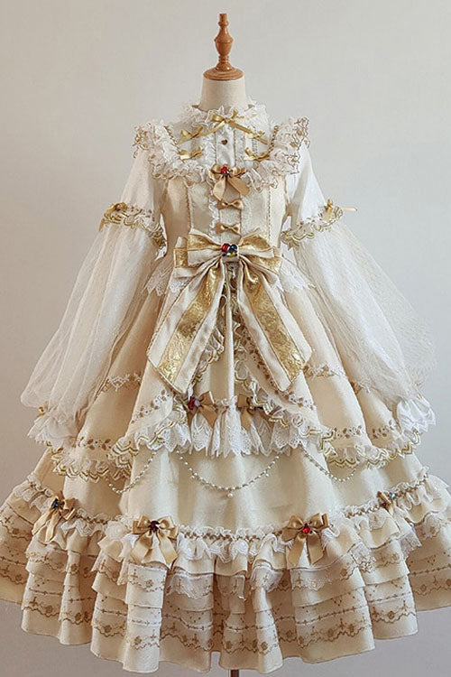 Gold Hanayome Sweet Lolita JSK with Bow and Multi-Layer Ruffles