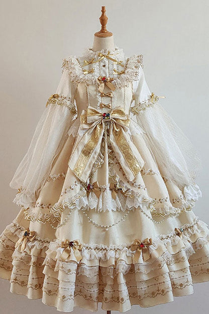 Gold Hanayome Sweet Lolita JSK with Bow and Multi-Layer Ruffles