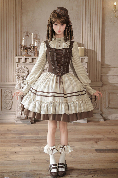 At Sunset Round-Collar Lantern-Sleeved Double-Layered Printed Ruffled Classic Lolita Dress in Beige and Brown, 2 Versions