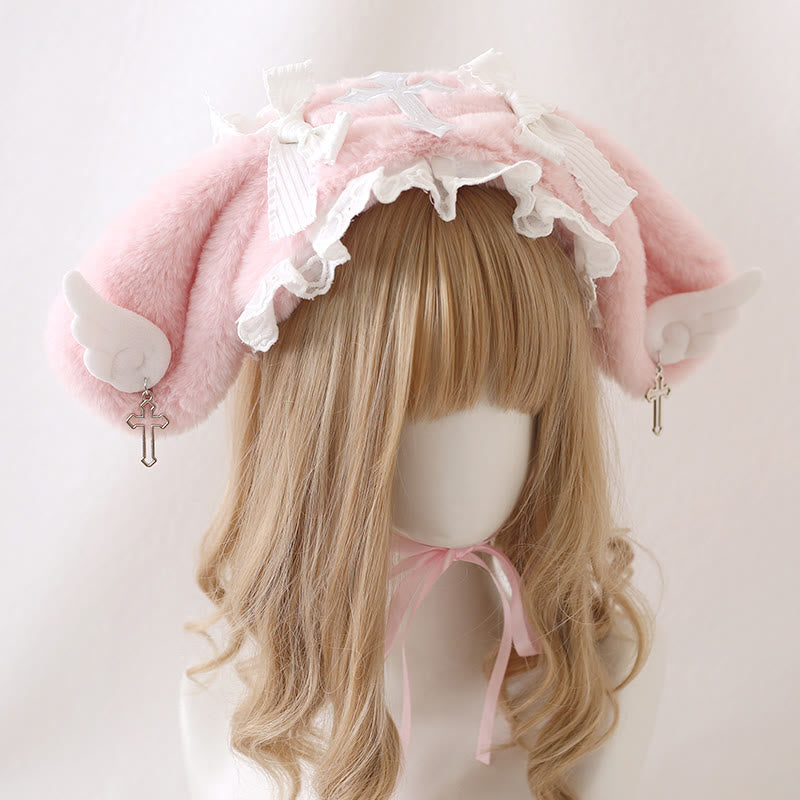 Chapeau en peluche Lolita avec nœud papillon et croix décorative