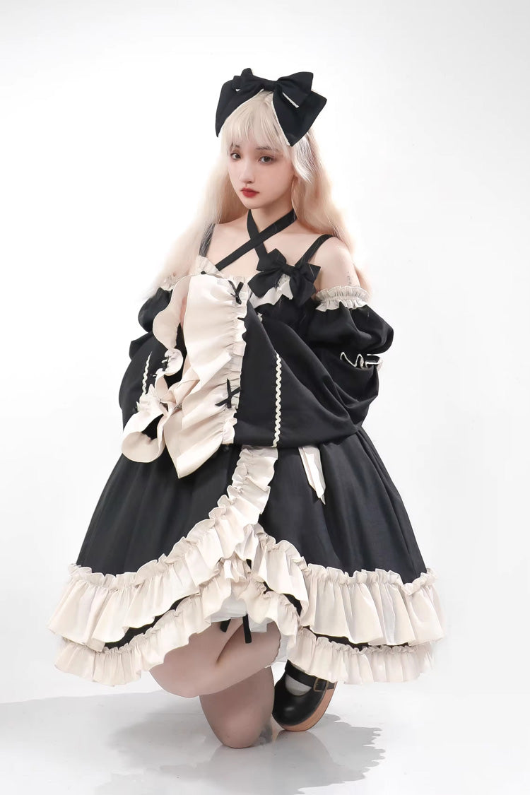 High-Waisted Asymmetric Ruffled Bowknot Gothic JSK