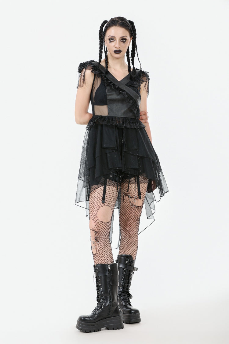 Jet V-Neck Sleeveless Multi-Tiered Ruffled Sheer Mesh Dress
