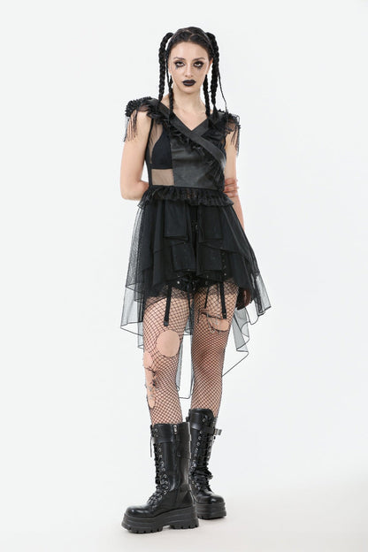 Jet V-Neck Sleeveless Multi-Tiered Ruffled Sheer Mesh Dress