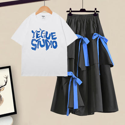 Irregular Decor Print SKirt Set Bow T-Shirt Letter