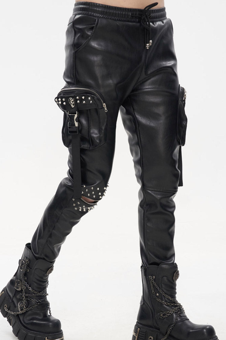 Rebel Rivet Zipper Pocket Faux Leather Cargo Trousers