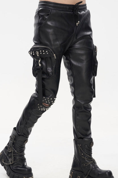 Rebel Rivet Zipper Pocket Faux Leather Cargo Trousers