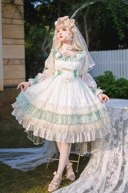 Emerald Ruffled Lace-Up Princess Lolita Dress - Spring Boliya