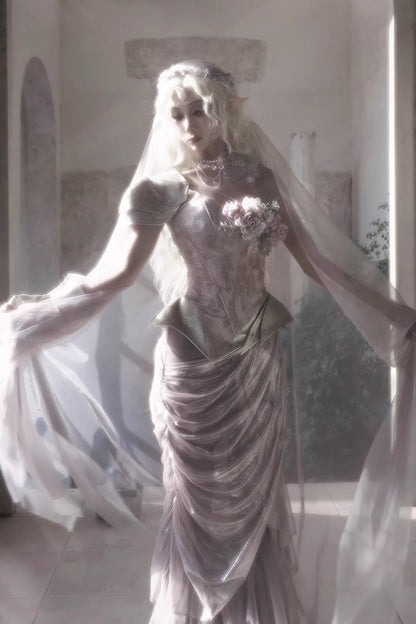 Rose Moonlight Beast Spirit Elf One Shoulder Print 3D Floral Asymmetrical Fishbone Sweet Corset