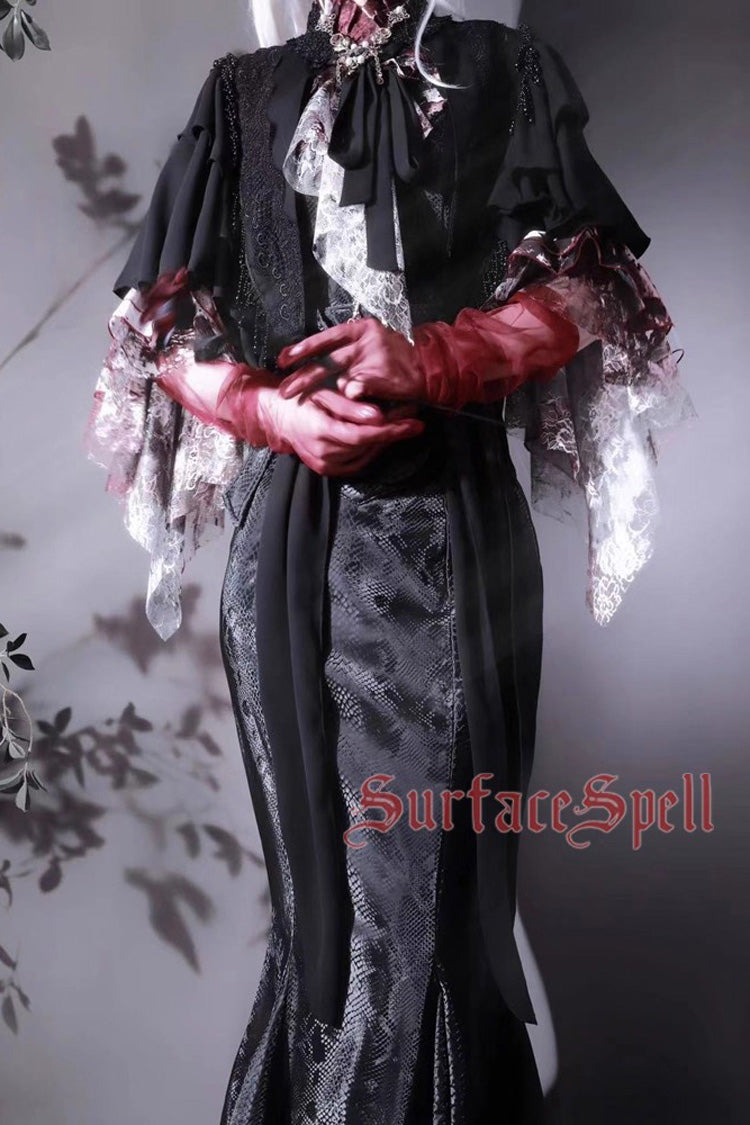 Snake Print Flared Fishbone Mermaid Gothic Lolita Skirt in Black Faux Leather