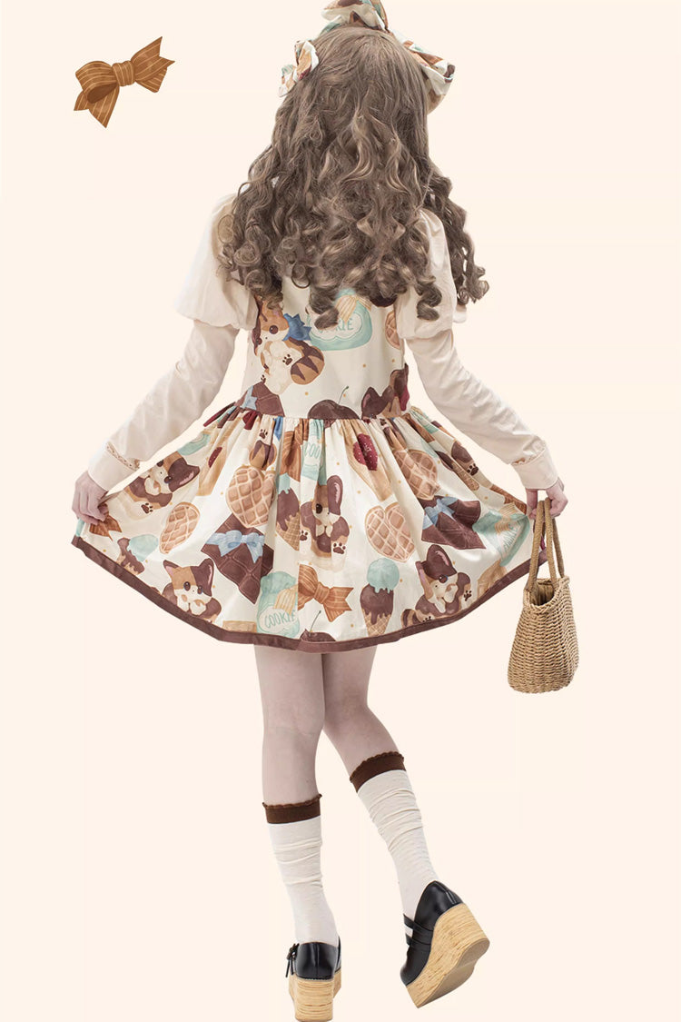 Multicolor Sleeveless Muffin Kitten Print Bow-Trim Sweet Lolita Strap Dress