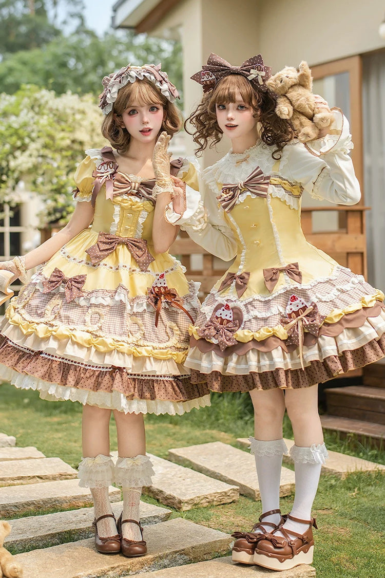 Polka Dot Cake Layered Print Ruffled Bow Sweet Lolita OP in Yellow Brown