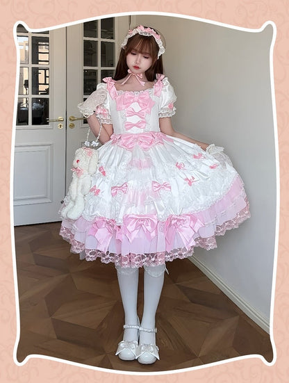 Pink Bow Accents White High Waist Sweet Princess Lolita Dress with Detachable Sleeves
