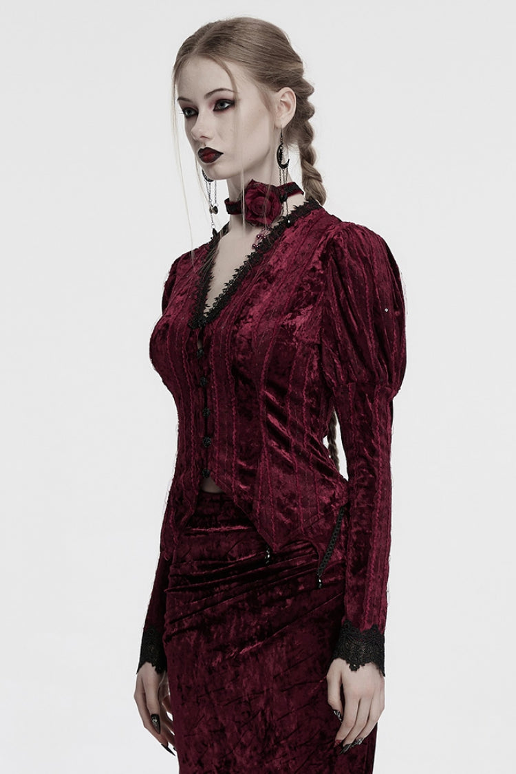 Crimson V-Neck Long Puff Sleeve Goth Blouse