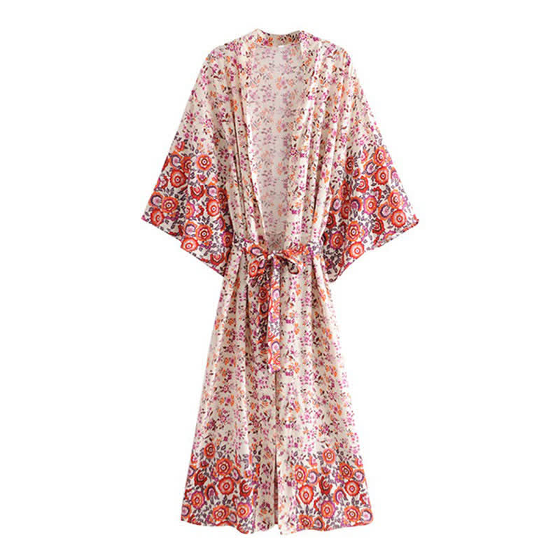 Boho Beach Print Belt Robe Long Cardigan Outerwear