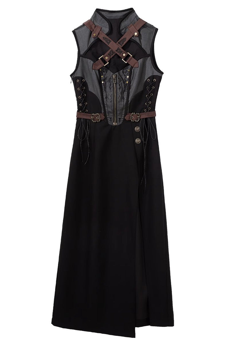 Ebony and Grey Phantom of the Night Sleeveless Lace Up Fashion Gothic Punk Lolita Dress