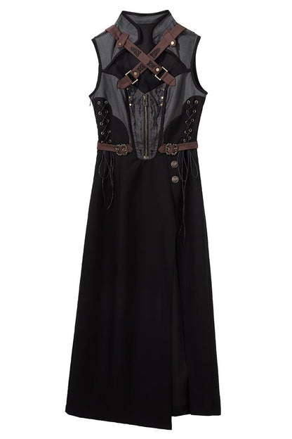 Ebony and Grey Phantom of the Night Sleeveless Lace Up Fashion Gothic Punk Lolita Dress