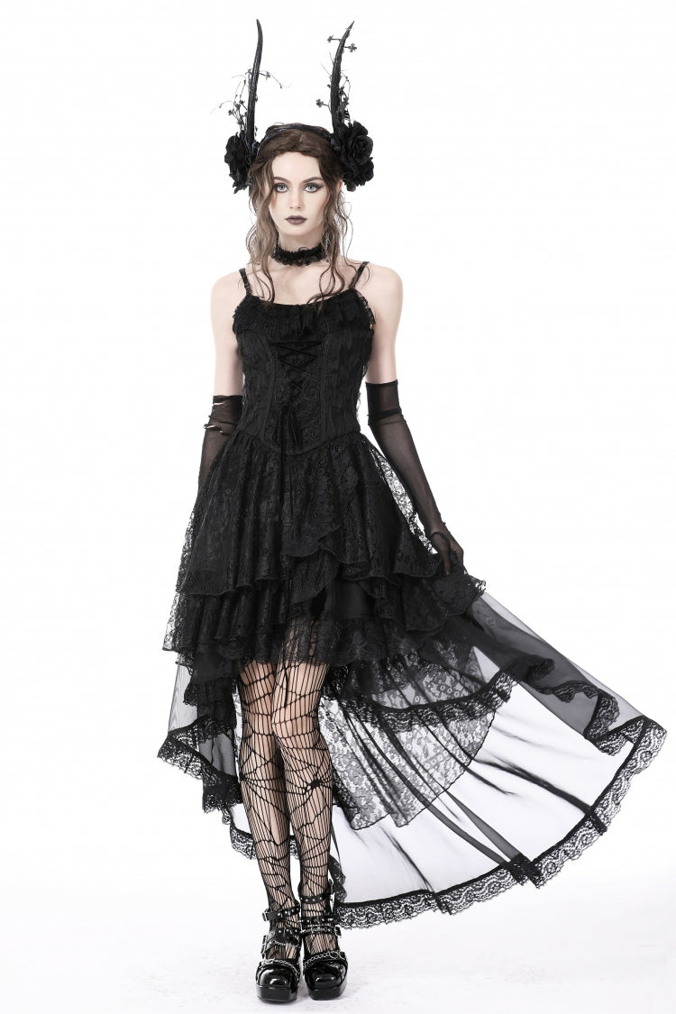 High-Low Multi-Layer Lace Gothic Slip Dress with Lacing - NoirEdge