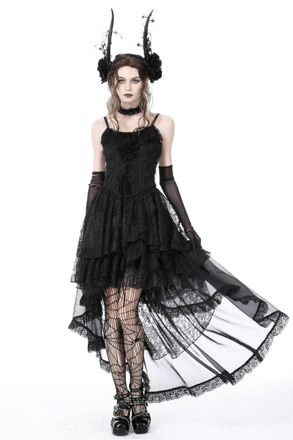 High-Low Multi-Layer Lace Gothic Slip Dress with Lacing - NoirEdge