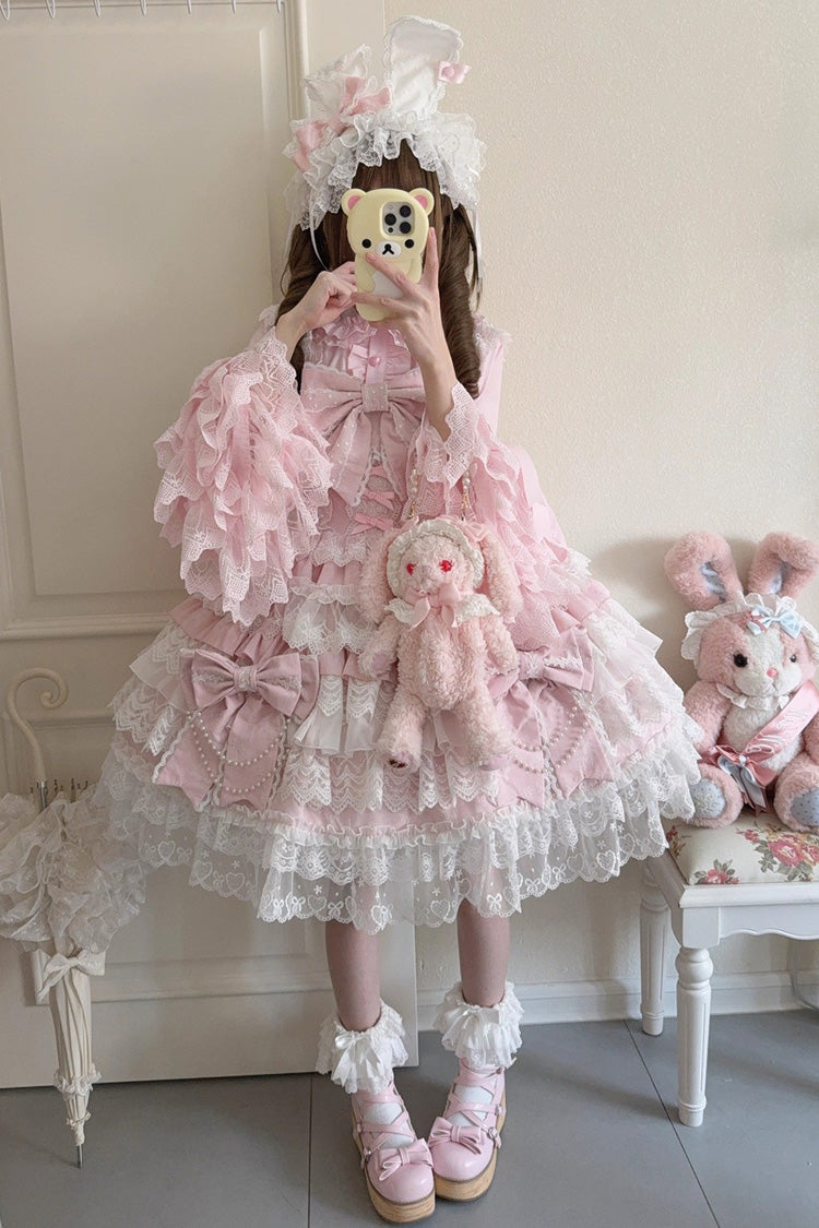 Pink Crossed Heart Knot Sleeveless Multi-Layered Ruffle Hanayome Cardigan Bow Lace Lace-Up Sweet Jsk Dress