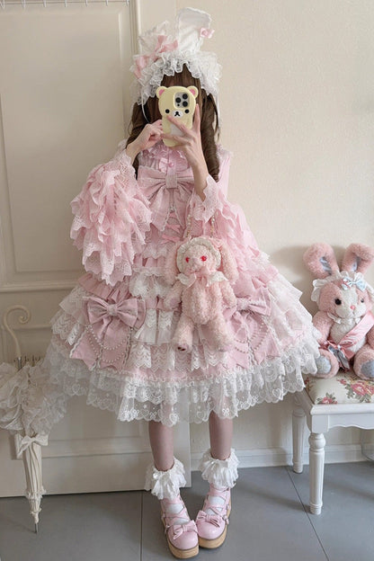 Pink Crossed Heart Knot Sleeveless Multi-Layered Ruffle Hanayome Cardigan Bow Lace Lace-Up Sweet Jsk Dress