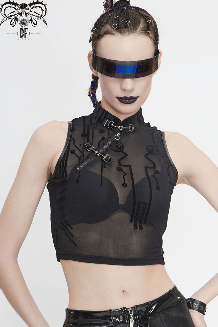 Women's Punk Vest with Flocked Mesh and Metal Details