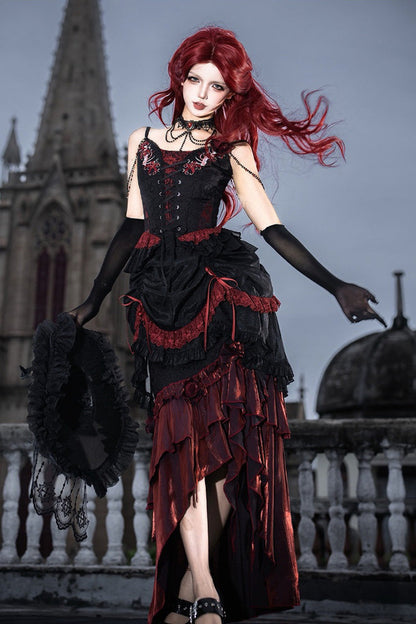 Rotten Bone Flower Lolita Skirt Set with Lace-Up Details - Noir