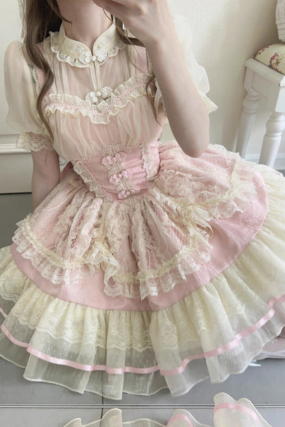 Flower Bud Halterneck Print Ruffle Lace Jsk - Chinese Ballet Lolita