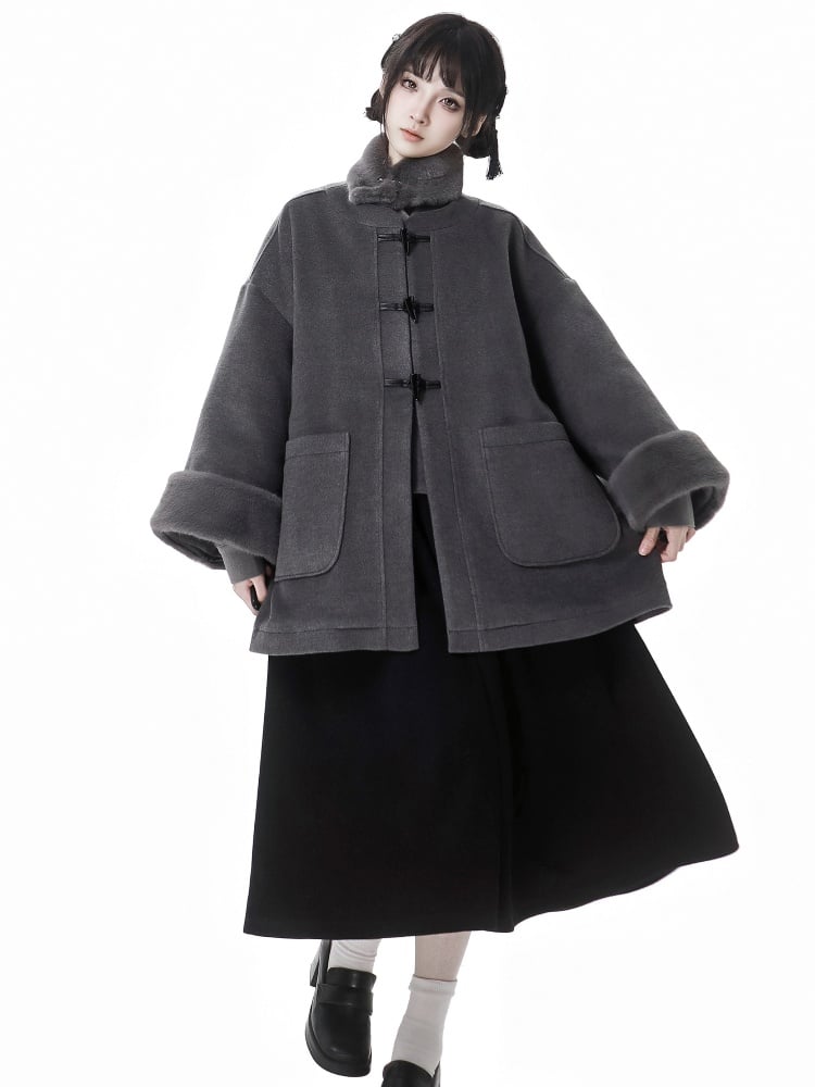 Gray Baggy Long Sleeves Plush Cuff Duffle Coat